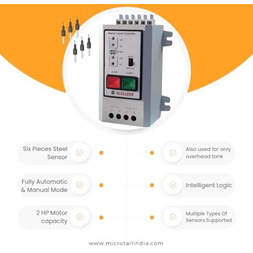 Microtail Fully Automatic Water Level Controller With Dry Run Protection With Sensors.