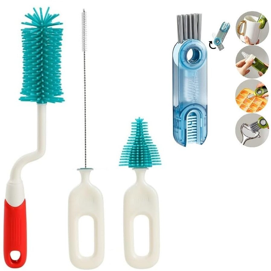 Baby Bottle Cleaning Brushes Set For Baby Milk Bottle Nipple Straw, Silicone Bristle Baby Bottle Cleaner Brush With Lid Cleaning Brush For 360 Movable Easy Cleaning Brush