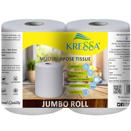 Kressa Jumbo Multipurpose Paper Tissue Roll | Kitchen Roll 2 Rolls Total 600 Sheets 2 Ply 100% Natural Virgin Pulp