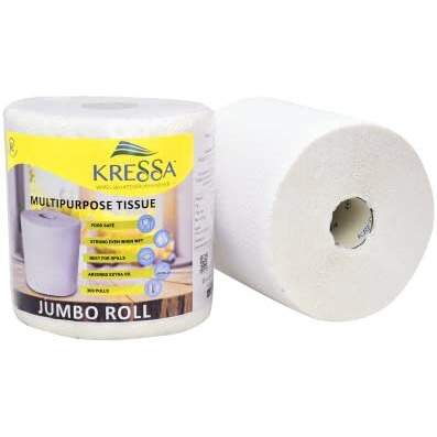 Kressa Jumbo Multipurpose Paper Tissue Roll | Kitchen Roll 2 Rolls Total 600 Sheets 2 Ply 100% Natural Virgin Pulp