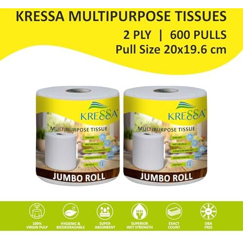 Kressa Jumbo Multipurpose Paper Tissue Roll | Kitchen Roll 2 Rolls Total 600 Sheets 2 Ply 100% Natural Virgin Pulp