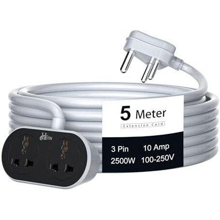 Hoteon Extension Cord 5 Meter, 2500W 10A Extension Board, Heavy Duty Long Wire Extension, 2 Universal Outlets Extension Cable, 3 Pins Power Cord Extension, Expandable Power Strip For Home Office