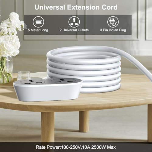 Hoteon Extension Cord 5 Meter, 2500W 10A Extension Board, Heavy Duty Long Wire Extension, 2 Universal Outlets Extension Cable, 3 Pins Power Cord Extension, Expandable Power Strip For Home Office