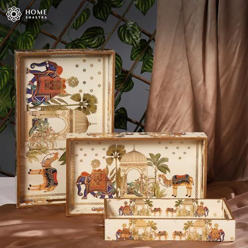 Homeshastra Wooden Serving Tray With Gold Engraving | Set Of 3 | Size  16 X 10 Inch, 14 X 8 Inch & 12 X 6 Inch | Enamel Coated Waterproof | Rectangular | Decorative Trays | Royal Camel Set