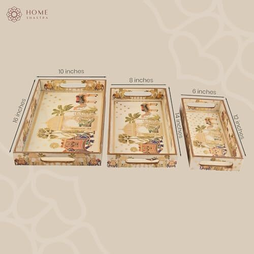 Homeshastra Wooden Serving Tray With Gold Engraving | Set Of 3 | Size  16 X 10 Inch, 14 X 8 Inch & 12 X 6 Inch | Enamel Coated Waterproof | Rectangular | Decorative Trays | Royal Camel Set