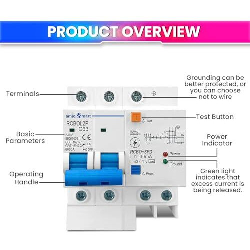 Amicismart 63A Single Phase Circuit Breaker With Leakage/Lightning Protection And Din Rail Mount, 220Vac