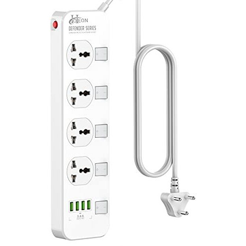 Hoteon 2500W Extension Board With Usb Slots, Individual Switch & Safety Shutter, 4 Usb Ports(3.4A) 4 Way Outlets Power Strips With Universal Sockets And 2M Extension Cord (3-Pin, White), 250 Volts