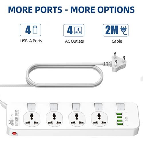 Hoteon 2500W Extension Board With Usb Slots, Individual Switch & Safety Shutter, 4 Usb Ports(3.4A) 4 Way Outlets Power Strips With Universal Sockets And 2M Extension Cord (3-Pin, White), 250 Volts