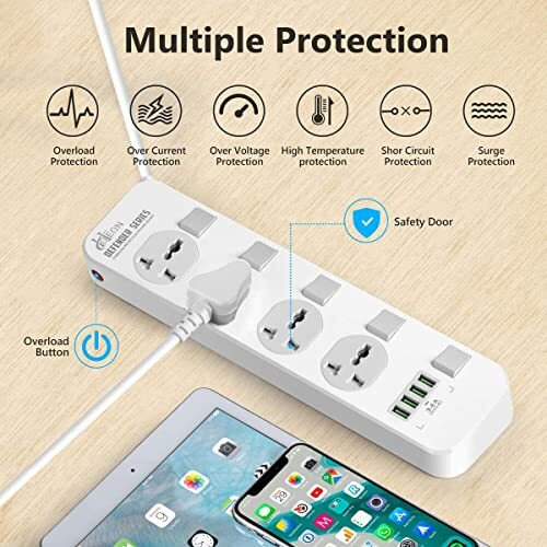 Hoteon 2500W Extension Board With Usb Slots, Individual Switch & Safety Shutter, 4 Usb Ports(3.4A) 4 Way Outlets Power Strips With Universal Sockets And 2M Extension Cord (3-Pin, White), 250 Volts