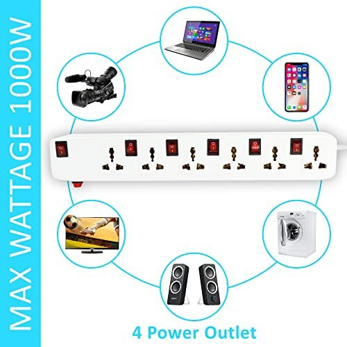 Fedus 5 Meter Long Extension Board Extension Box|Spike Guard 6 Socket 6 Switch Junction Box With Switch,Extension Cords Cord,Spike Buster,Extension Board With Wire (6 Socket 6 Switch),240 Volts,White