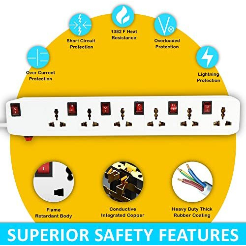 Fedus 5 Meter Long Extension Board Extension Box|Spike Guard 6 Socket 6 Switch Junction Box With Switch,Extension Cords Cord,Spike Buster,Extension Board With Wire (6 Socket 6 Switch),240 Volts,White