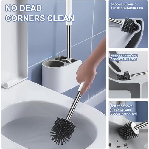 Noridy Silicone Toilet Brush With Holder Set - Free Stand Sleek Cleaner With Ventilated Drying Stand And Adhesive Wall Mounted Cleaning Floor Scrubber Brushes
