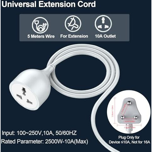 Hoteon Extension Board With 5 Meters Heavy Duty Long Wire Cord, Single Outlet Socket 2500W 10A Expandable Electric Extension, 3 Pins Extension Cord For Indoor Outdoor Use (5M/ Grey)-1Pcs