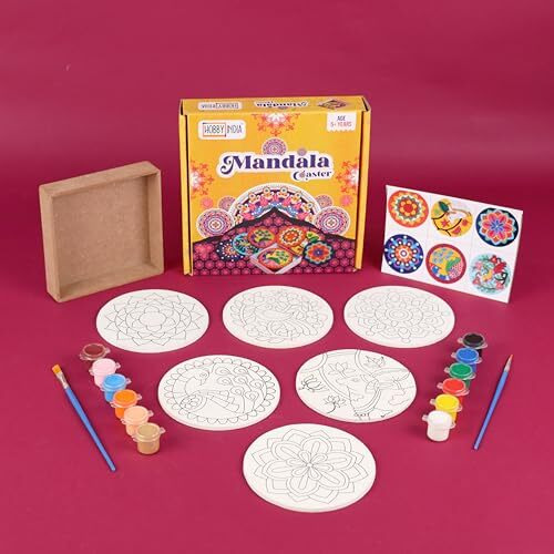Hobby India Diy Mandala Art Coasters Set With Colour Painting Kit For Kids Art And Craft For Girls Boys 6-12 Years Tea Set Home Kitchen Office Set Of 6