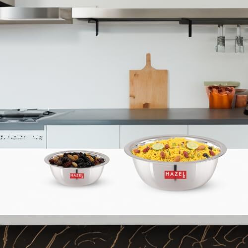 Hazel Stainless Steel Serving Bowl | Snacks Serving And Mixing Bowl Set | Kitchen Accessories Items (Set Of 2, 350 Ml & 550 Ml)