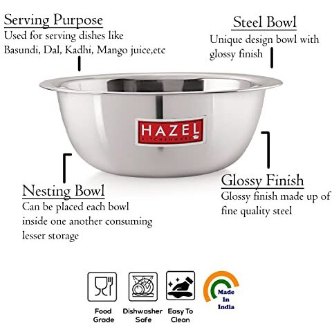 Hazel Stainless Steel Serving Bowl | Snacks Serving And Mixing Bowl Set | Kitchen Accessories Items (Set Of 2, 350 Ml & 550 Ml)