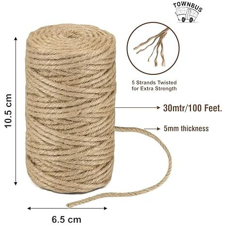Townbus - 100 Feet / 30 Meters Of 5 Ply Raw Natural Jute Cord | Twine For Arts And Crafts, Packaging Rope, String For Gifts, Diy Crafts