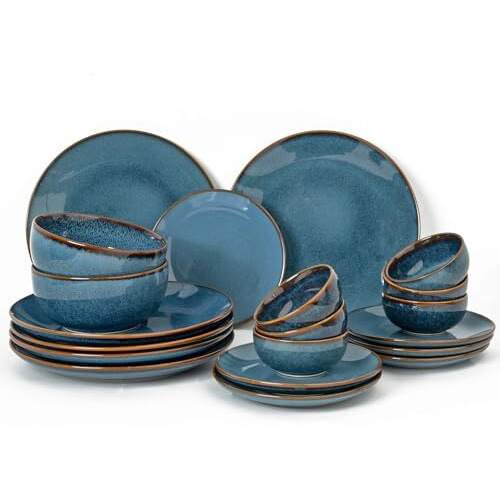 Bodhi House Handcrafted Stoneware Reactive Glaze Ceramic Dinner Set, 20 Pieces Serving For 6, Microwave And Dishwasher Safe, Bone-Ash Free, Crockery Set For Dining And Gifting, Greenish Blue