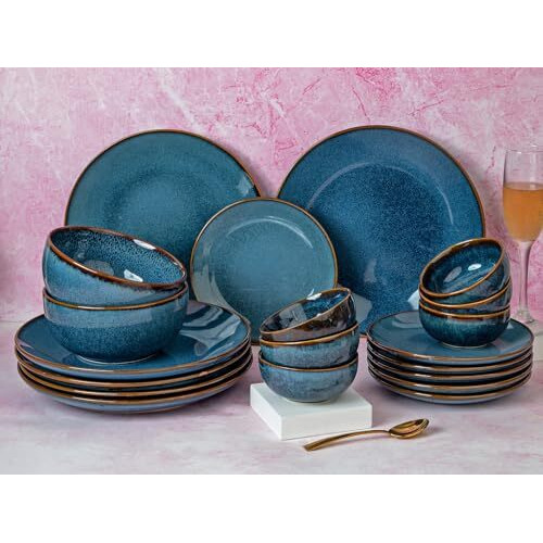 Bodhi House Handcrafted Stoneware Reactive Glaze Ceramic Dinner Set, 20 Pieces Serving For 6, Microwave And Dishwasher Safe, Bone-Ash Free, Crockery Set For Dining And Gifting, Greenish Blue