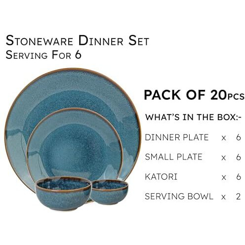 Bodhi House Handcrafted Stoneware Reactive Glaze Ceramic Dinner Set, 20 Pieces Serving For 6, Microwave And Dishwasher Safe, Bone-Ash Free, Crockery Set For Dining And Gifting, Greenish Blue