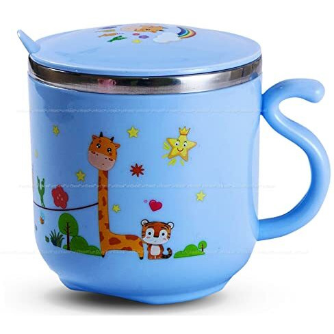Funblast Milk Mug For Kids  Cartoon Design Bpa Free Mug With Lid For Kids, Stainless Steel 304 Cup/Mug For Kids & Toddlers, Double Wall Vacuum Insulated Cup  270 Ml (Blue)