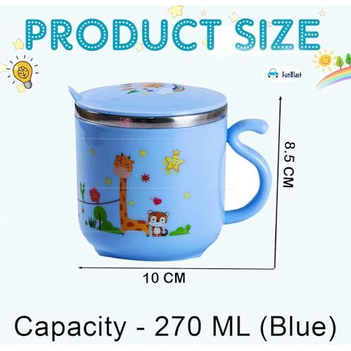 Funblast Milk Mug For Kids  Cartoon Design Bpa Free Mug With Lid For Kids, Stainless Steel 304 Cup/Mug For Kids & Toddlers, Double Wall Vacuum Insulated Cup  270 Ml (Blue)