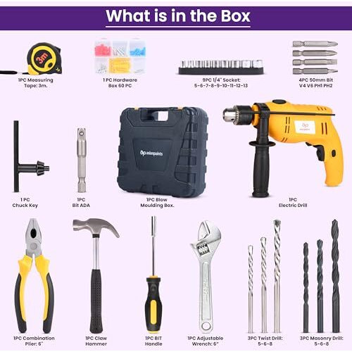 Asian Paints Corded Electric Professional Impact Drill Tool Kit, 550 Watts, 2900 Rpm, Chuck 13Mm Machine Variable Speed, Forward/Reverse Rotation, Double Insulation, Improved Carbon Brush (88 Pcs)