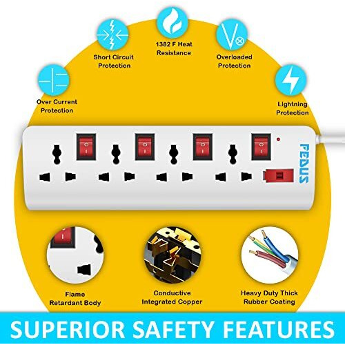 Fedus 5 Meter 16.4 Feet Long Extension Board With 4 International Socket Computer, Surge Protectors Spike Buster, 250 Volts, 6 Amp Max 1000 Watt Load, White