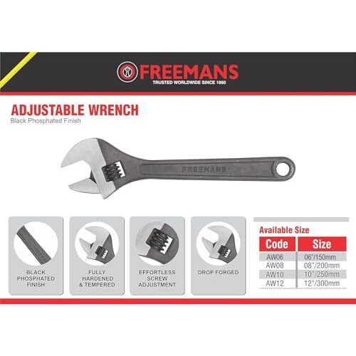 Freemans 8" Phosphate Finish, Anti-Corrosion Adjustable Wrench Spanner, Adjustable Wrench For All Nut Sizes, Easy To Grip Wrench, Universal Wrench, Plumbing Tool (8-Inch)