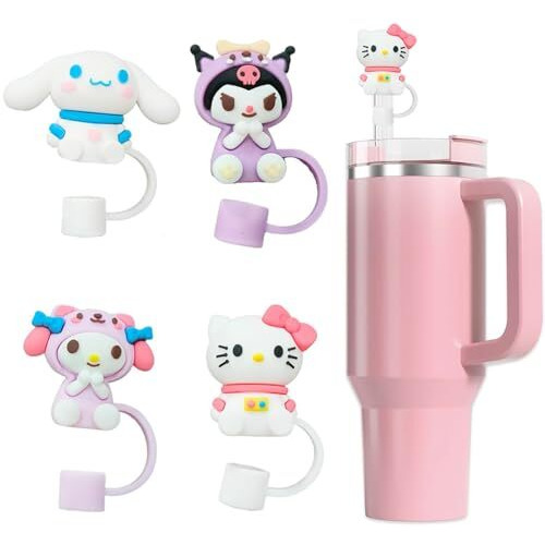 Hasthip 4Pcs Kawaii Straw Lids Sanrio Series Drinking Anti-Lost Kids Universal 10Mm Straw Lids Straw Cap For Stainless Steel Straw, Straight, Curved, Glass Straws