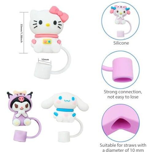 Hasthip 4Pcs Kawaii Straw Lids Sanrio Series Drinking Anti-Lost Kids Universal 10Mm Straw Lids Straw Cap For Stainless Steel Straw, Straight, Curved, Glass Straws