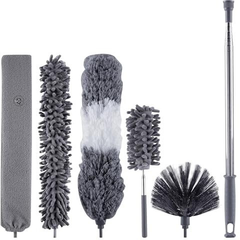 5Pcs Microfiber Duster With Extension Pole, Qolixs Feather Duster Kit For House Cleaning, Bendable Cobweb Duster With Extension Pole 30-100 Inches For Cleaning From Floor To Ceilings