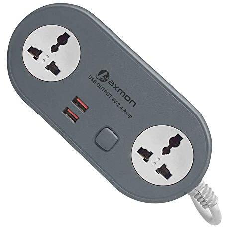 Axmon Extension Cord With Usb Port [Fire Resistant] [2 Socket With 2 Usb Charging Ports] 6V-2.4 Amp Heavy Duty Extension Board For Home Office With [2.5 Meter Power Cord] - (2+2Grey)