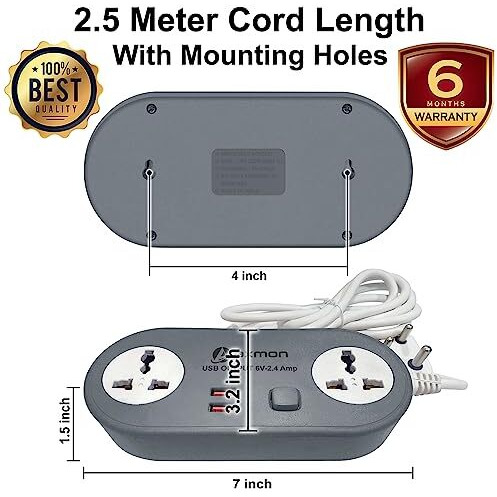 Axmon Extension Cord With Usb Port [Fire Resistant] [2 Socket With 2 Usb Charging Ports] 6V-2.4 Amp Heavy Duty Extension Board For Home Office With [2.5 Meter Power Cord] - (2+2Grey)