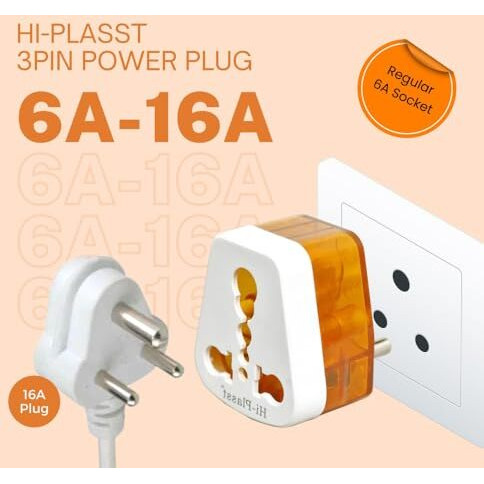 Hi-Plasst 6A To 16A Converter Plug (Pack Of 2) 3-Pin International 16 A Socket For Big Size 16Amps Plug Top (Use 16 Amp Devices In 6 Amp Normal Socket) For Geysers A/C Refrigrator Microwave