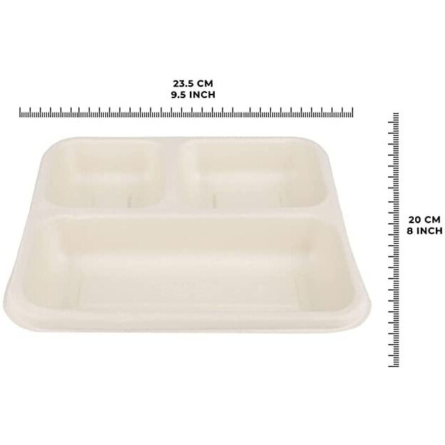 Sanwalsa 3 Compartment, Eco-Friendly Disposable Bagasse Plates, Pack Of 25 - Off White