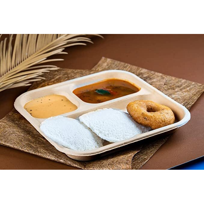 Sanwalsa 3 Compartment, Eco-Friendly Disposable Bagasse Plates, Pack Of 25 - Off White