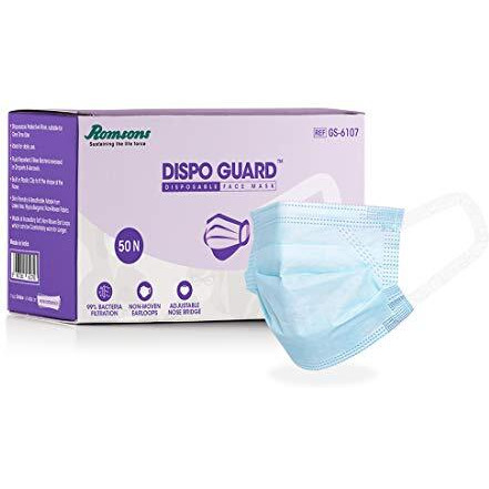 Romsons Dispo Guard 3 Ply Mask With Softest Ear Loops, 50Pcs/Pack (Pack Of 3), 150 Pcs, Blue
