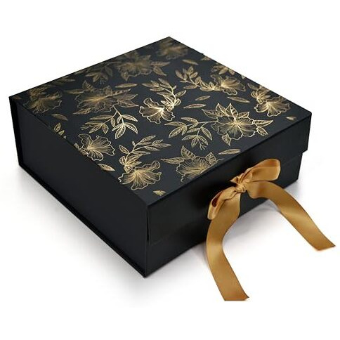 Rbs Medium Black Empty Gift Box 26 X 26 X 10Cm Decorative Floral Gift Boxes For Presents (1 Pack) Box For Gift Packing Multipurpose Cardboard Box For Gift Occasion Gift Box (Black Gold Floral)