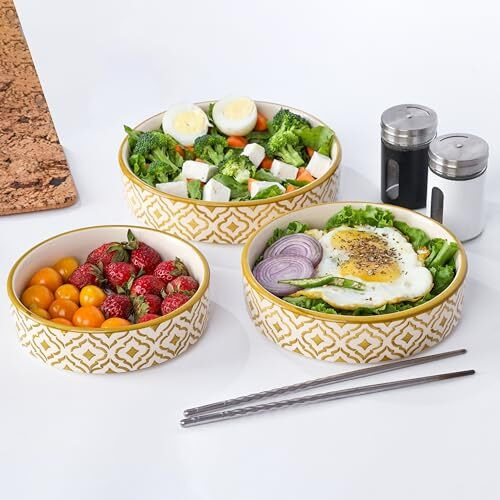 Separate Way Ceramic Flat Deep Serving Bowl Set Of 3, Mix Size - 800Ml, 600Ml, And 500Ml | Glossy Finish | Salad, Snack, Pasta Plates | Flat Bowl | Serving Plate | Mix Bowl Plates (Moroccan Golden)