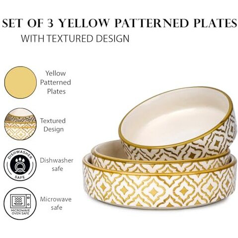 Separate Way Ceramic Flat Deep Serving Bowl Set Of 3, Mix Size - 800Ml, 600Ml, And 500Ml | Glossy Finish | Salad, Snack, Pasta Plates | Flat Bowl | Serving Plate | Mix Bowl Plates (Moroccan Golden)