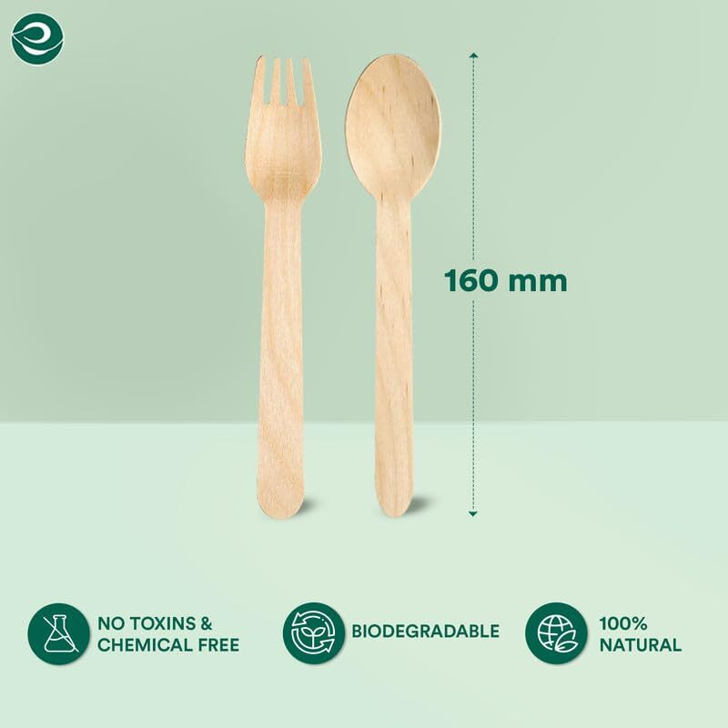 Eco Soul [160Mm, 50 Pack] Disposable Spoons & Forks Set | Wooden Dining Flatware | Ideal For Kids Birthday, Wedding & Party