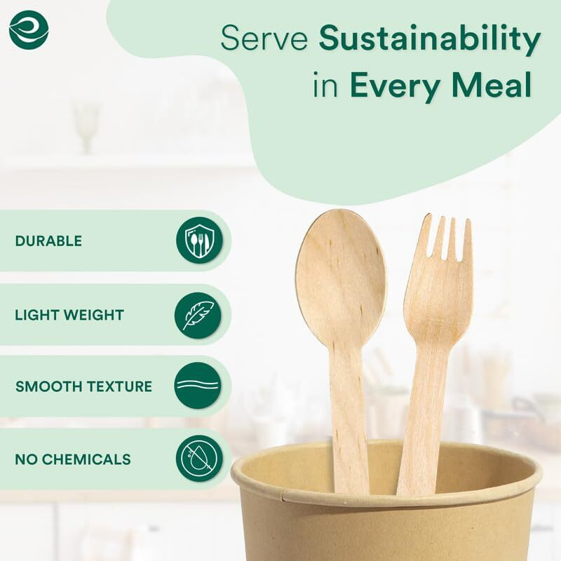 Eco Soul [160Mm, 50 Pack] Disposable Spoons & Forks Set | Wooden Dining Flatware | Ideal For Kids Birthday, Wedding & Party