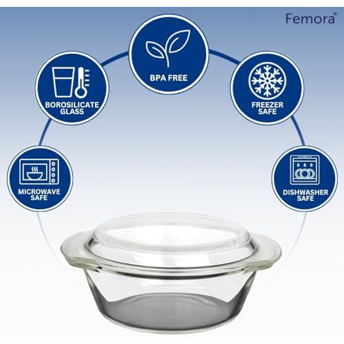 Femora Borosilicate Serving Bowl | 1 Year Warranty | Glass Casserole Set, Glass Bowl With Lid, Microwave Safe Bowl Set, Dishwasher And Freezer Safe, Deep Round (Pack Of 1-2000Ml)