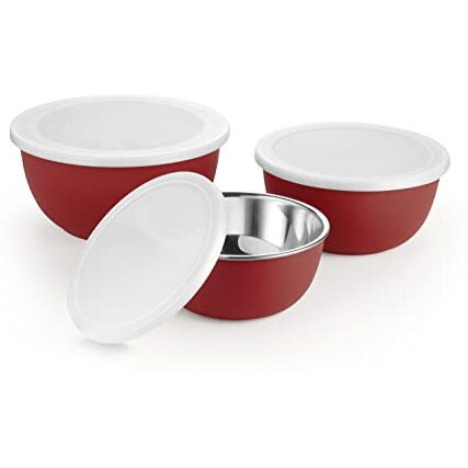 Bowl Fiery Stainless Steel Microwave Safe Bowls With Lids (14, 16,18 Cm) 3 Pieces Set (Red), 2500 Ml