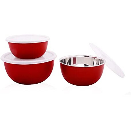 Bowl Fiery Stainless Steel Microwave Safe Bowls With Lids (14, 16,18 Cm) 3 Pieces Set (Red), 2500 Ml