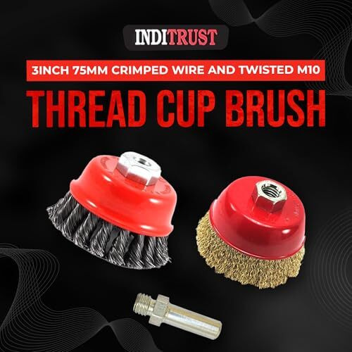Inditrust New Combo Of 3Inch 75Mm Crimped Wire And Twisted M10 Thread Cup Brush With Adaptor For 4Inch Angle Grinder