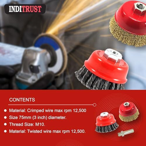 Inditrust New Combo Of 3Inch 75Mm Crimped Wire And Twisted M10 Thread Cup Brush With Adaptor For 4Inch Angle Grinder