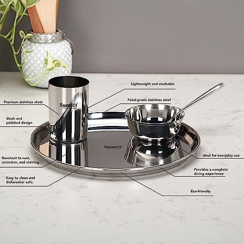 Sumeet Stainless Steel Solid Heavy Gauge Mirror Finish Dinner Set Of 24 Pcs (6 Plate, 6 Bowl/Wati, 6 Glass, 6 Spoon), Silver