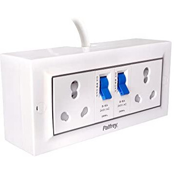 Palfrey Extension Board - Two 16A Socket With Safety Shutter & Two 16A Mcb Switch | 16A 3 Pin Plug With Indicator | 2.5 Sqmm 3 Core Cable | White Color | 2 Meter (3000W - 2.5Mm Cable, 2 Meter)